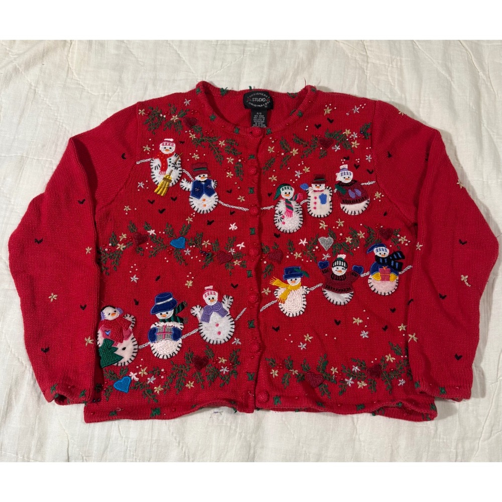 Designers Studio Originals Red Snowman Embroidered Christmas Cardigan P/S